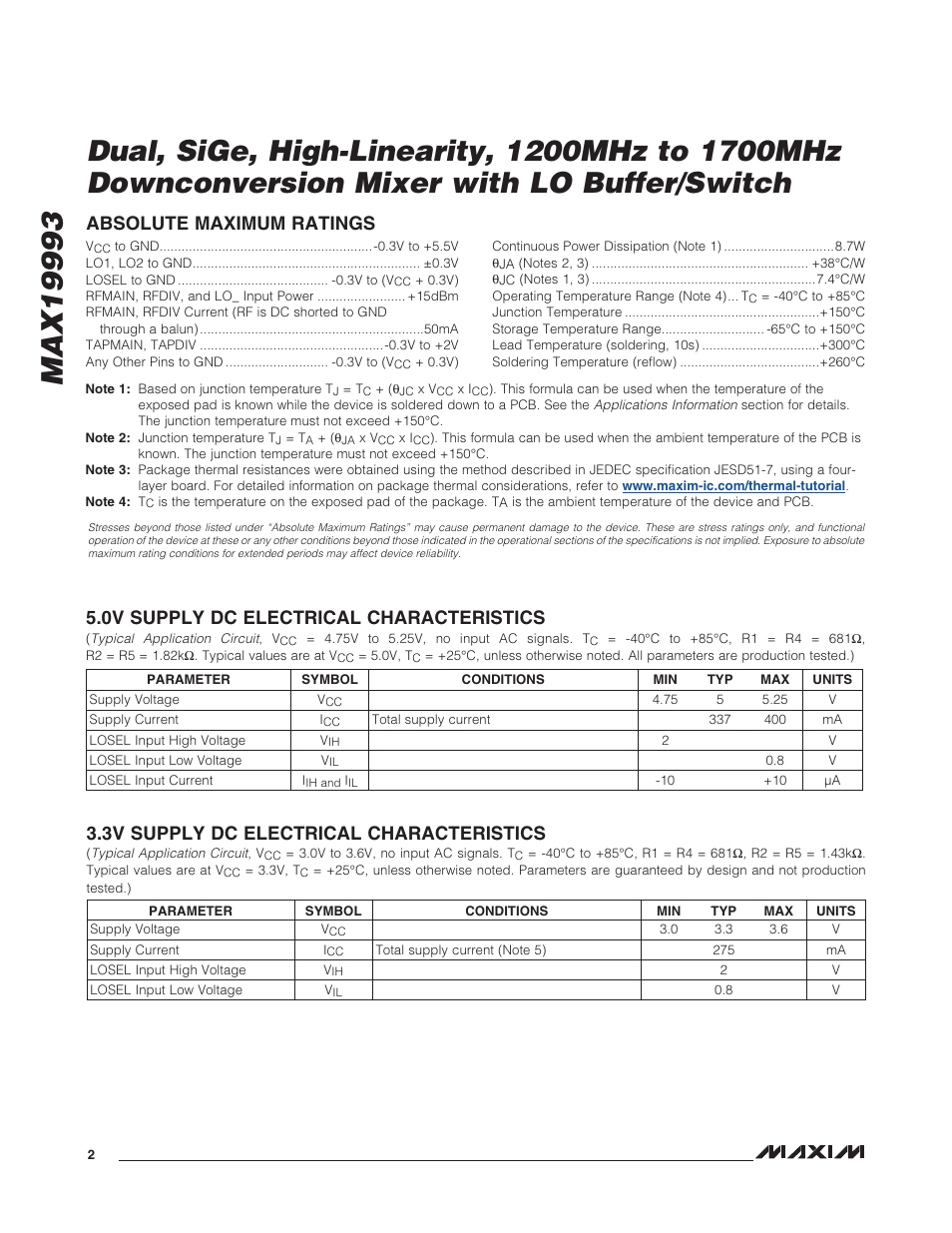 0v_supply_dc_electrical_characteristics, Absolute_maximum_ratings, 3v_supply_dc_electrical_characteristics | Rainbow Electronics MAX19993 User Manual | Page 2 / 23