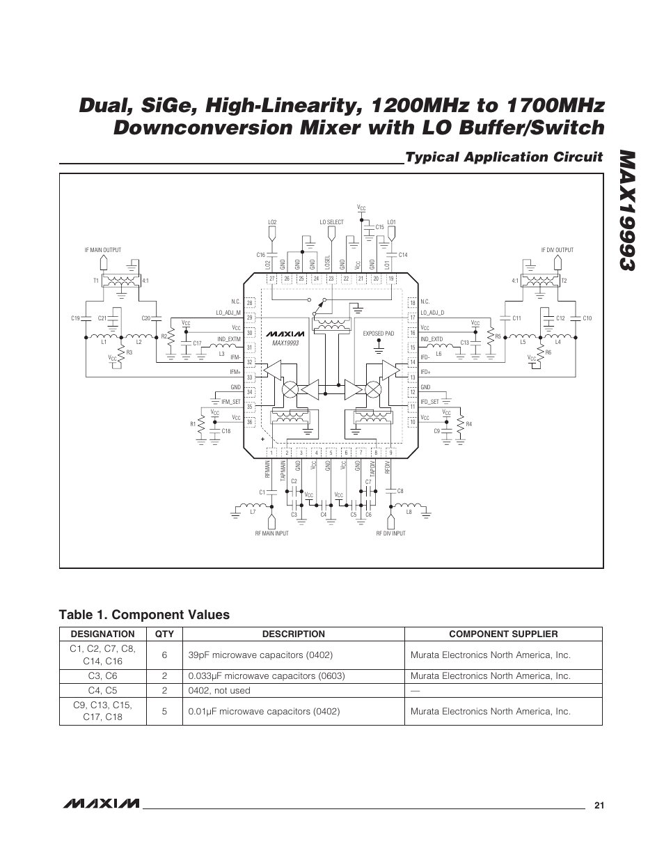 Typical application circuit, Table_1._component_values | Rainbow Electronics MAX19993 User Manual | Page 21 / 23