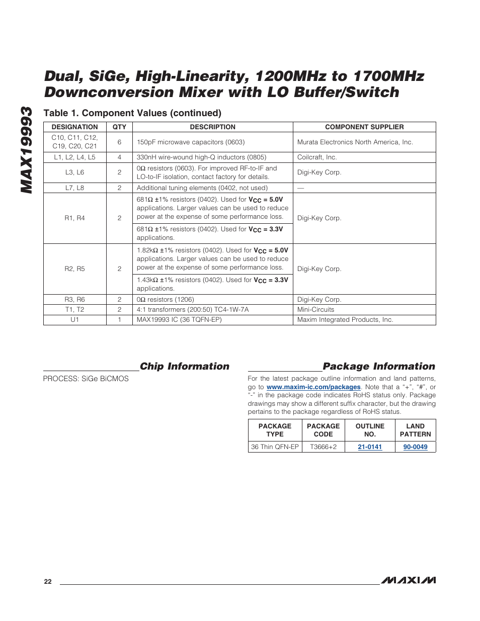 Chip information, Package information, Table_1._component_values_(continued) | Rainbow Electronics MAX19993 User Manual | Page 22 / 23