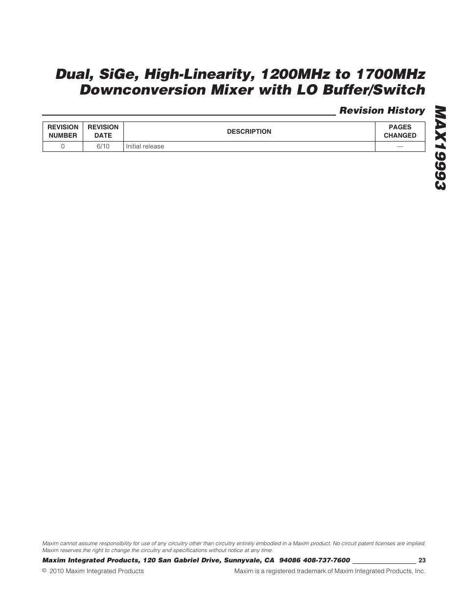 Revision history | Rainbow Electronics MAX19993 User Manual | Page 23 / 23