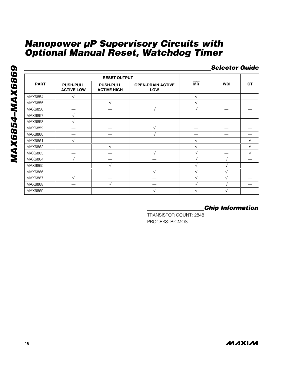 Selector guide, Chip information | Rainbow Electronics MAX6869 User Manual | Page 16 / 17