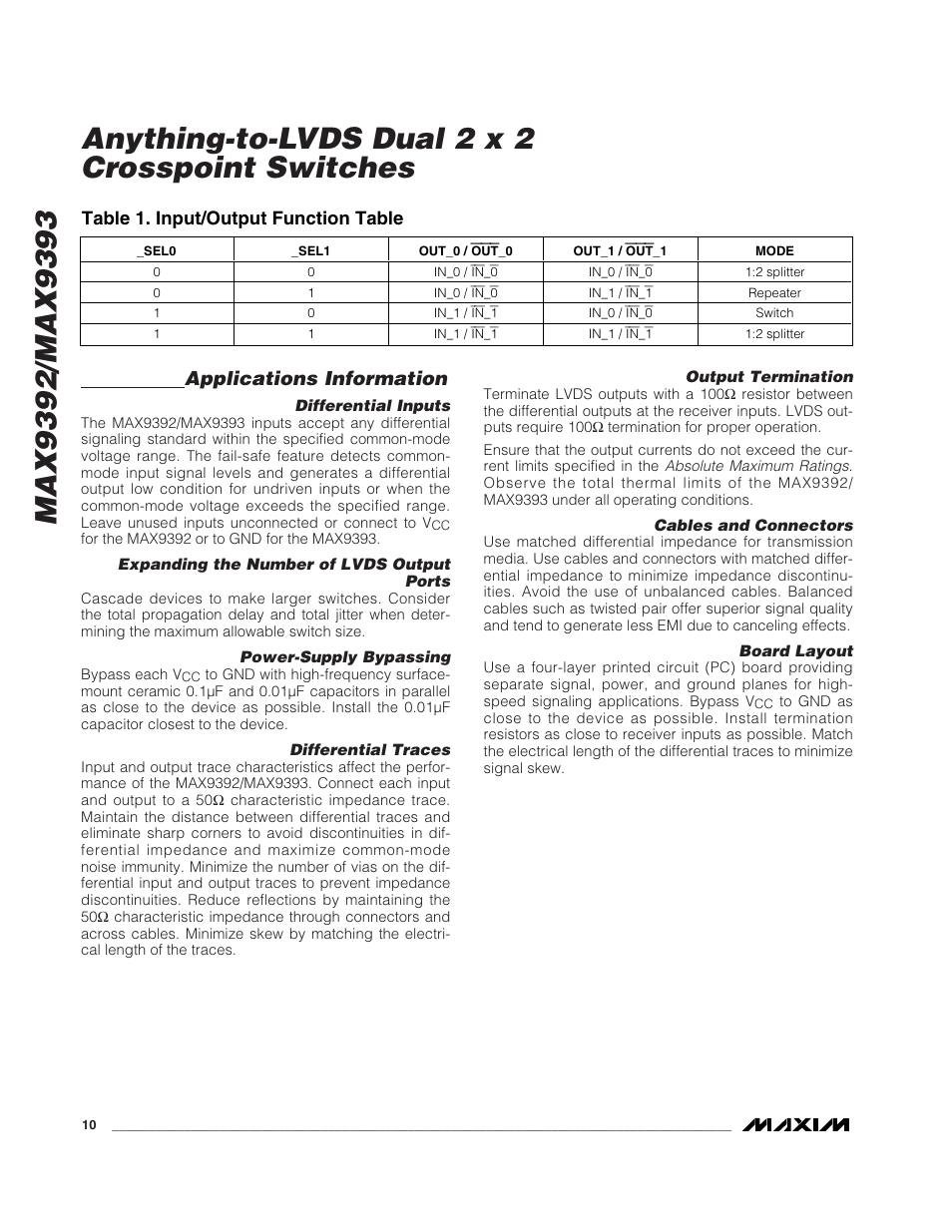Anything-to-lvds dual 2 x 2 crosspoint switches, Applications information, Table 1. input/output function table | Rainbow Electronics MAX9393 User Manual | Page 10 / 14