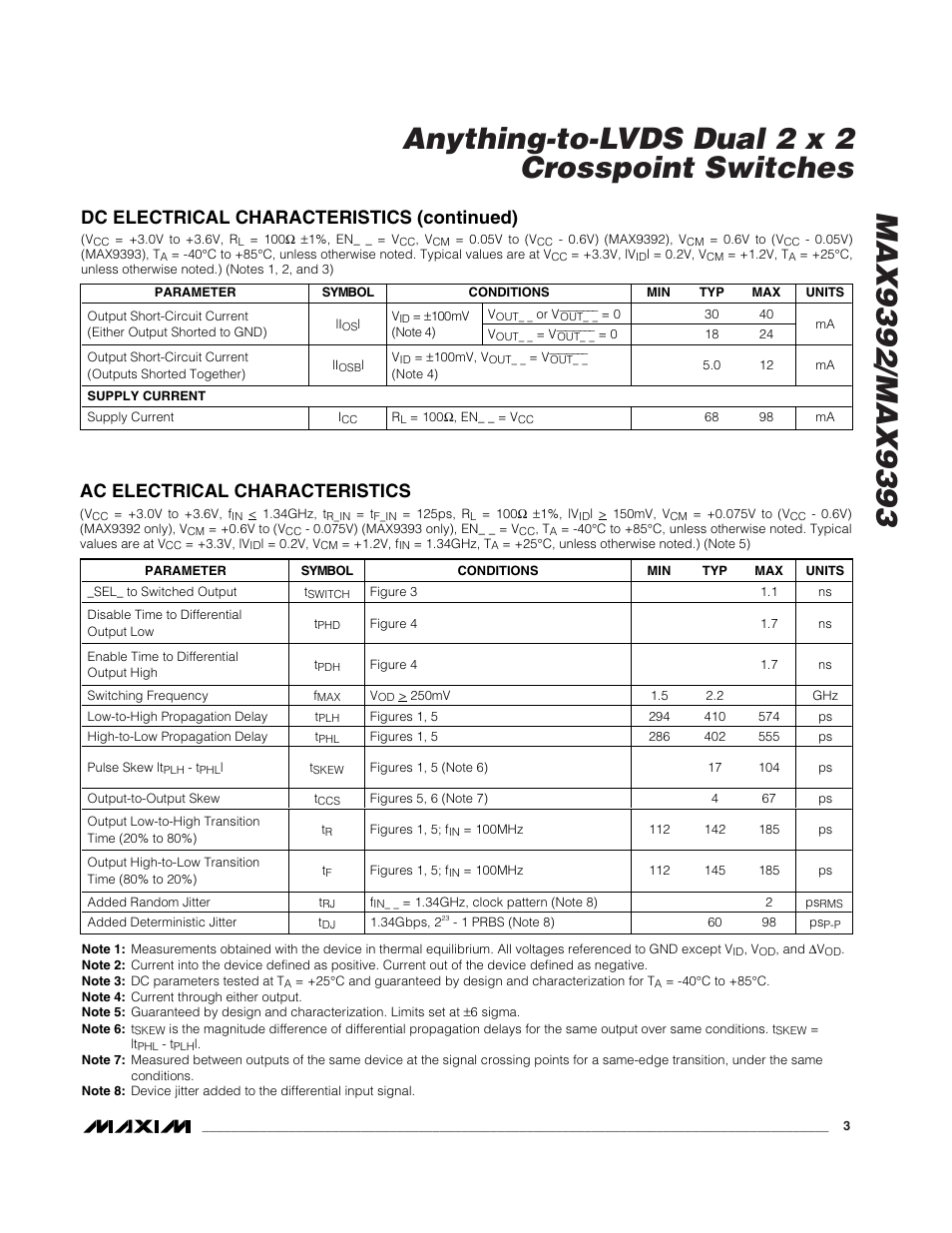 Ac electrical characteristics, Dc electrical characteristics (continued) | Rainbow Electronics MAX9393 User Manual | Page 3 / 14
