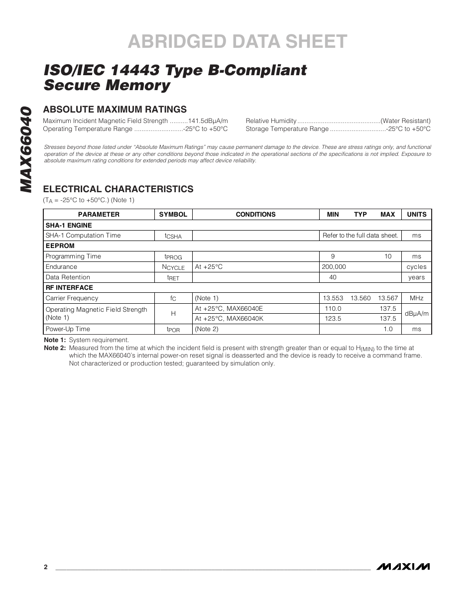 Abridged data sheet | Rainbow Electronics MAX66040 User Manual | Page 2 / 25