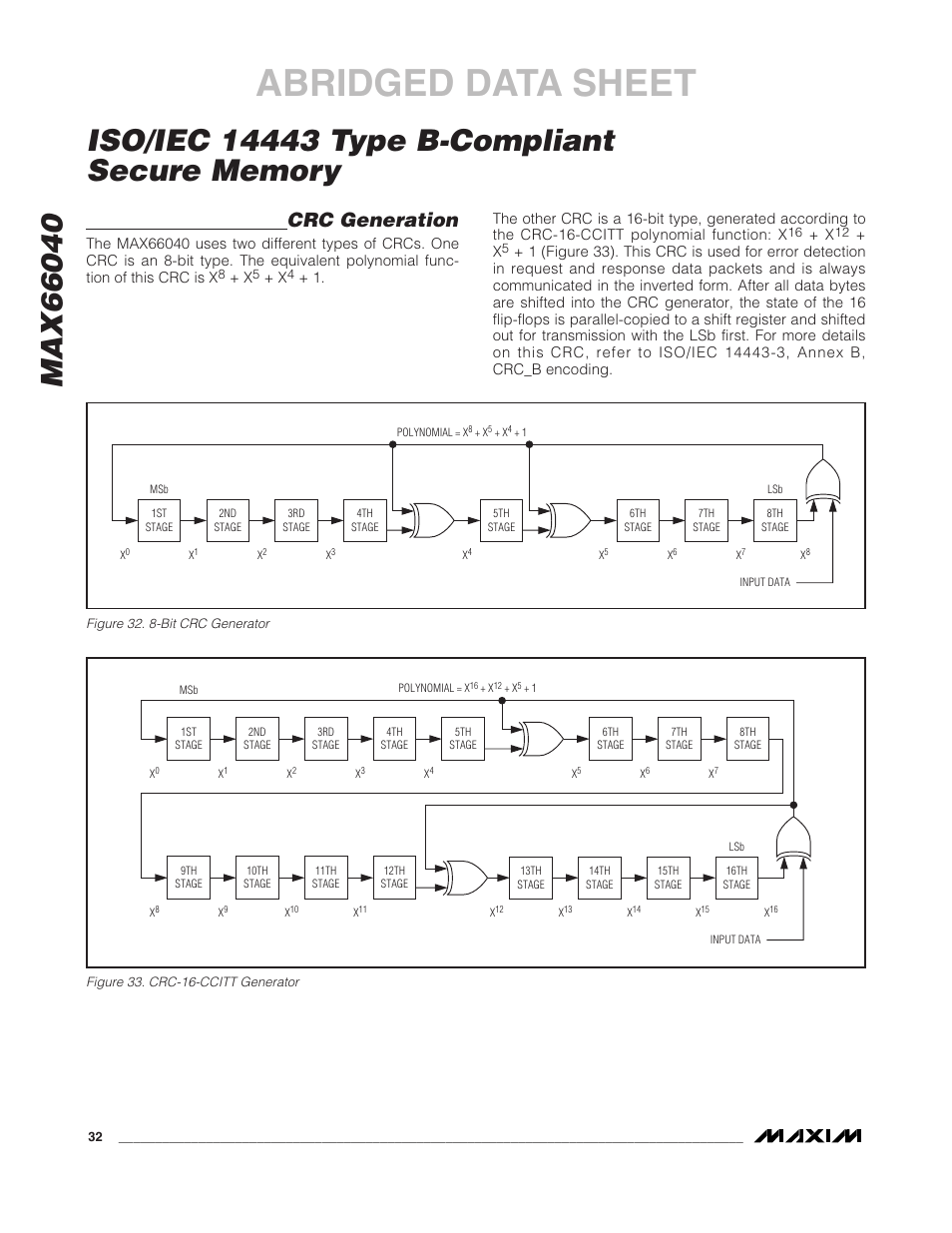 Abridged data sheet, Crc generation | Rainbow Electronics MAX66040 User Manual | Page 23 / 25