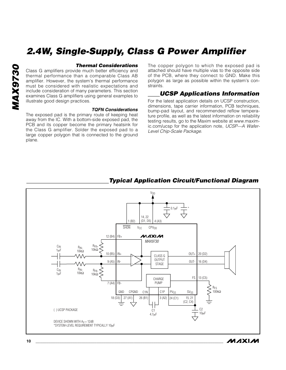 Max9730, 4w, single-supply, class g power amplifier, Ucsp applications information | Typical application circuit/functional diagram, Thermal considerations | Rainbow Electronics MAX9730 User Manual | Page 10 / 14
