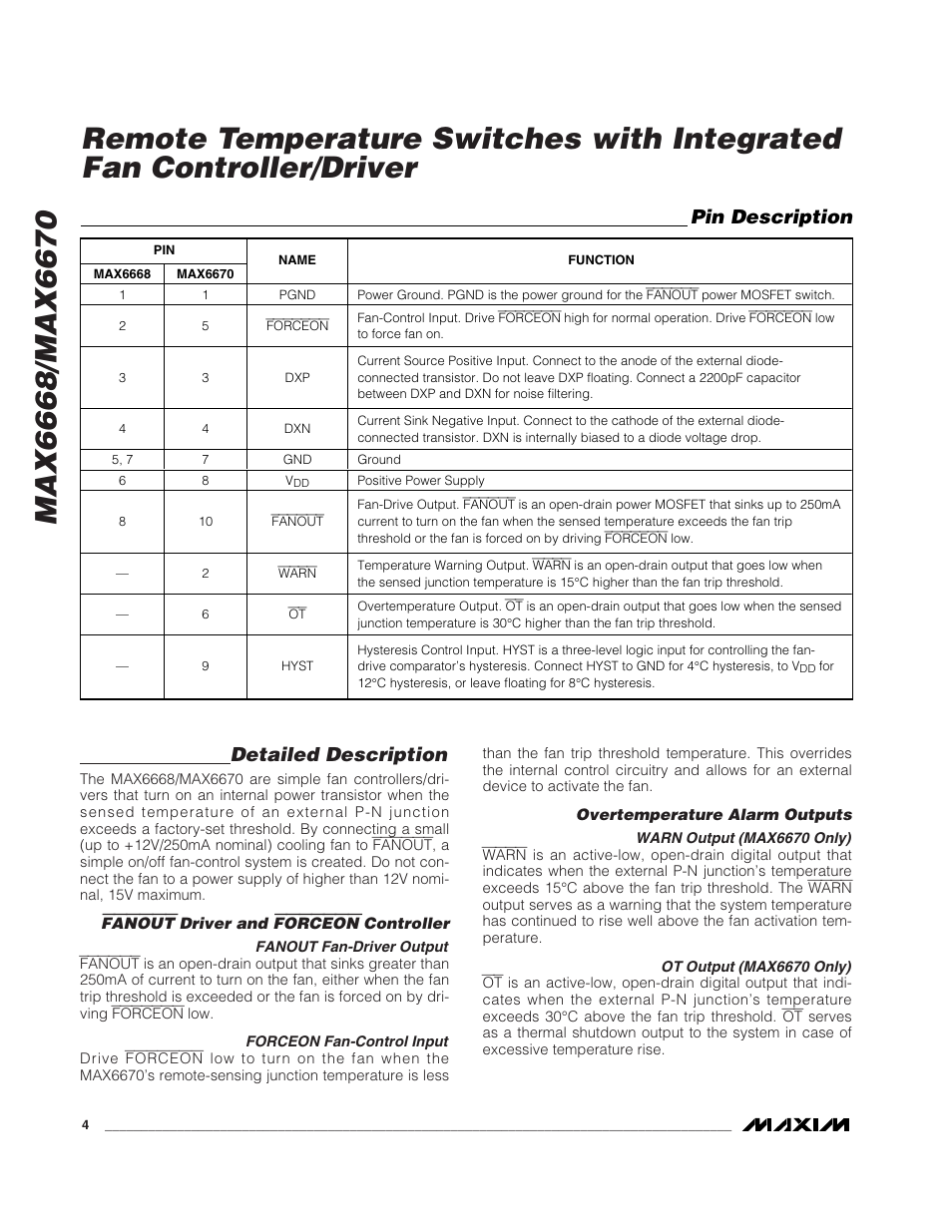 Detailed description, Pin description | Rainbow Electronics MAX6670 User Manual | Page 4 / 8