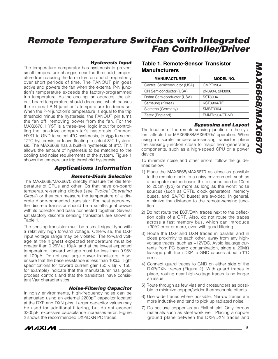 Applications information, Table 1. remote-sensor transistor manufacturers | Rainbow Electronics MAX6670 User Manual | Page 5 / 8