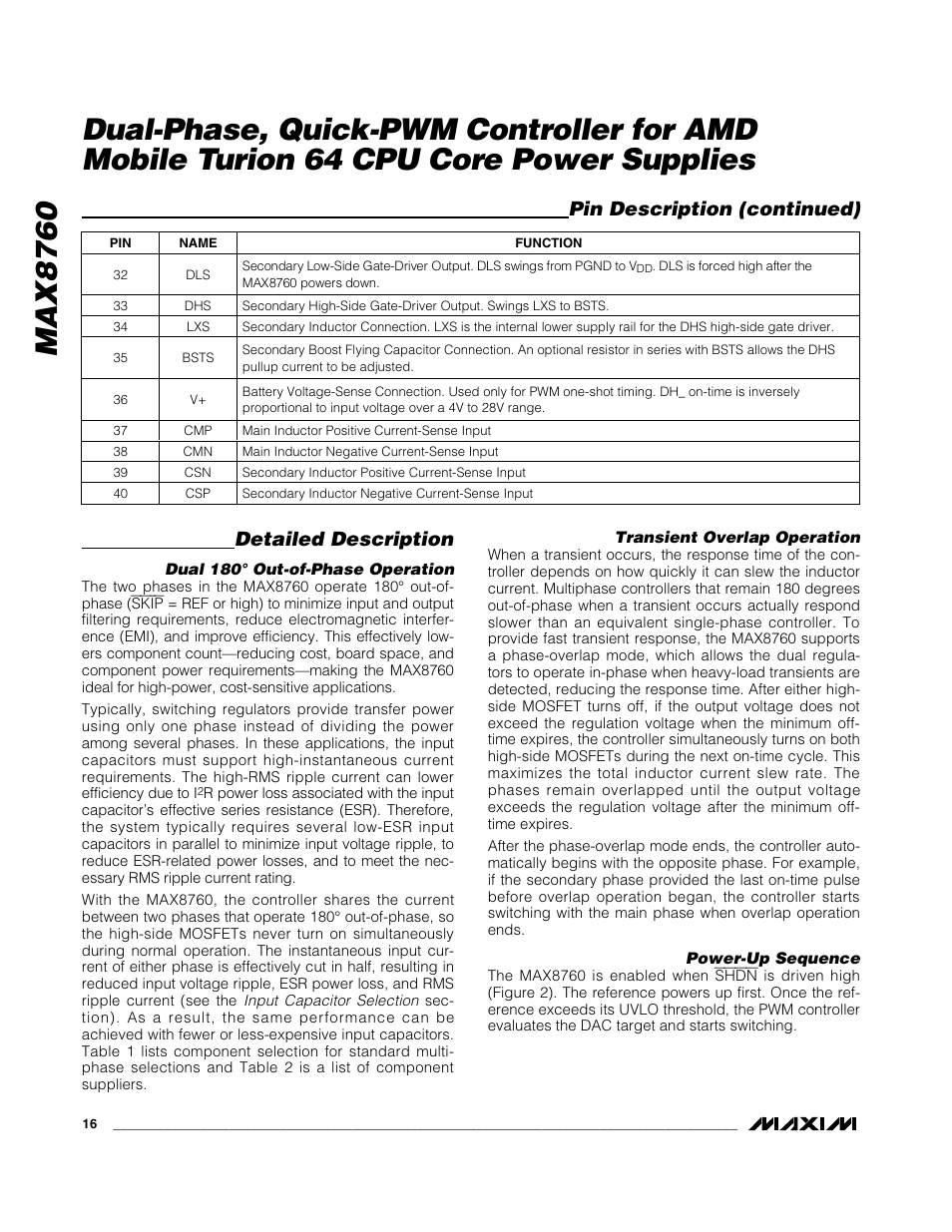 Detailed description, Pin description (continued) | Rainbow Electronics MAX8760 User Manual | Page 16 / 39