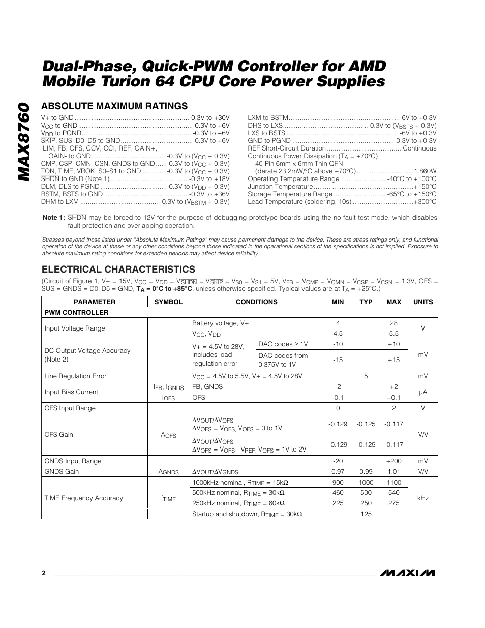 Absolute maximum ratings, Electrical characteristics | Rainbow Electronics MAX8760 User Manual | Page 2 / 39