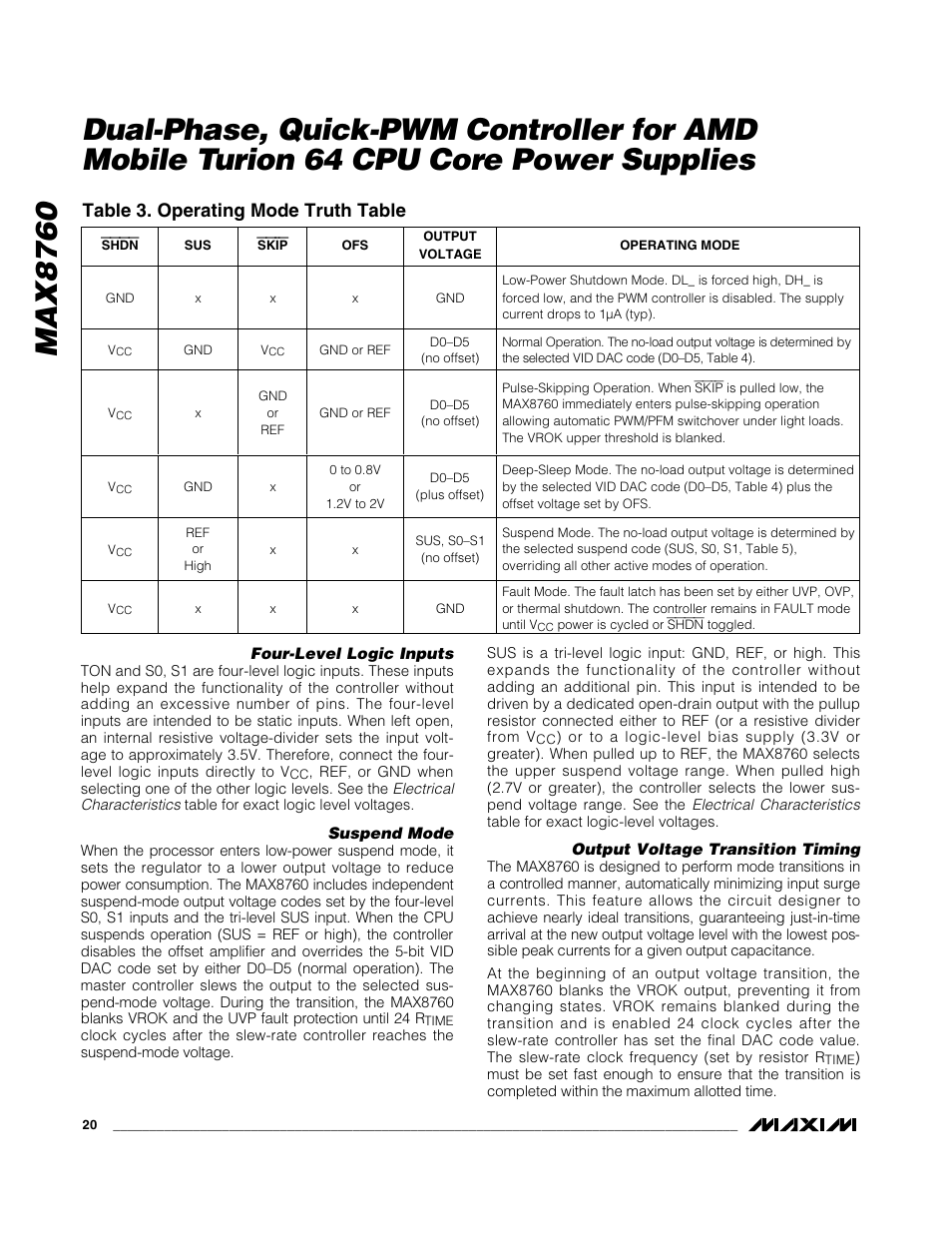 Table 3. operating mode truth table | Rainbow Electronics MAX8760 User Manual | Page 20 / 39