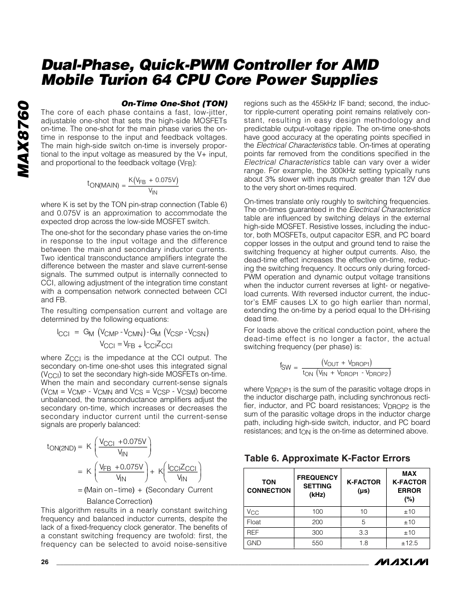 Table 6. approximate k-factor errors | Rainbow Electronics MAX8760 User Manual | Page 26 / 39