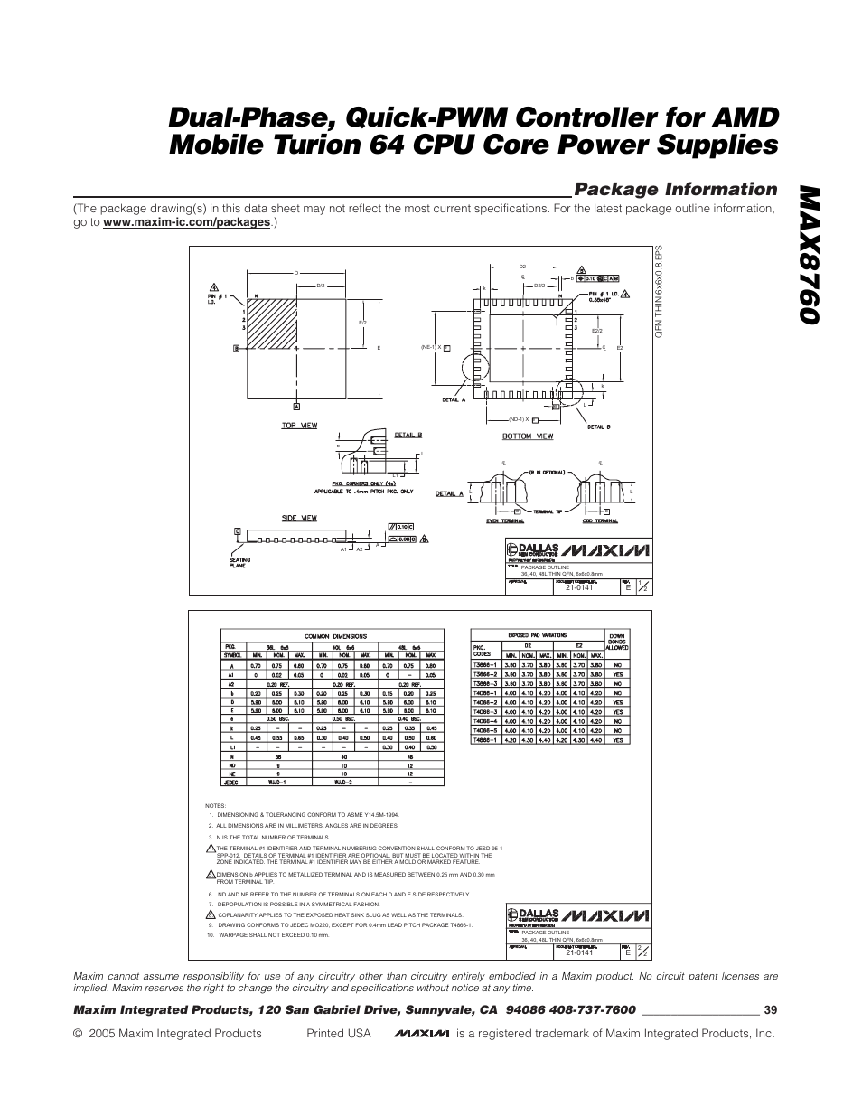 Package information | Rainbow Electronics MAX8760 User Manual | Page 39 / 39