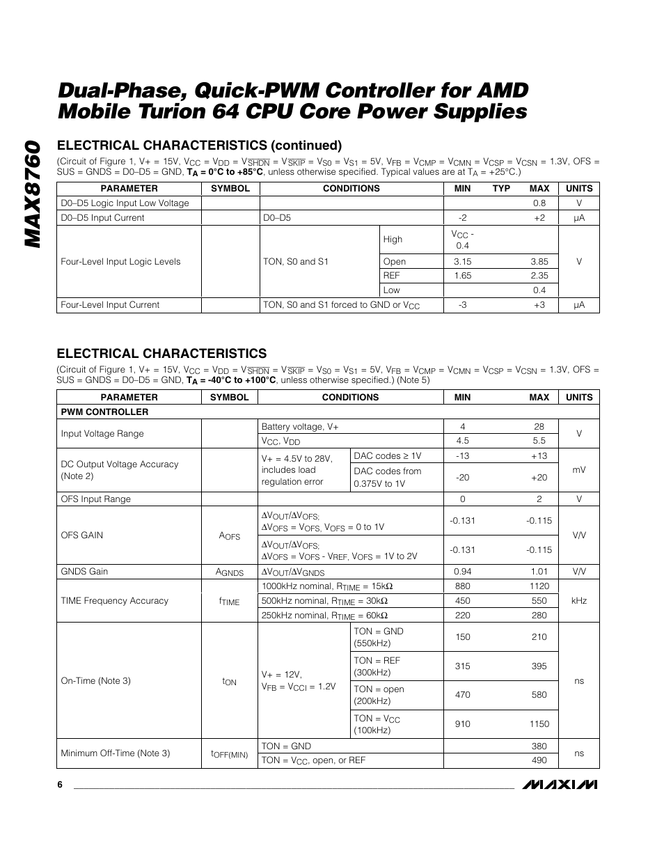 Electrical characteristics (continued), Electrical characteristics | Rainbow Electronics MAX8760 User Manual | Page 6 / 39