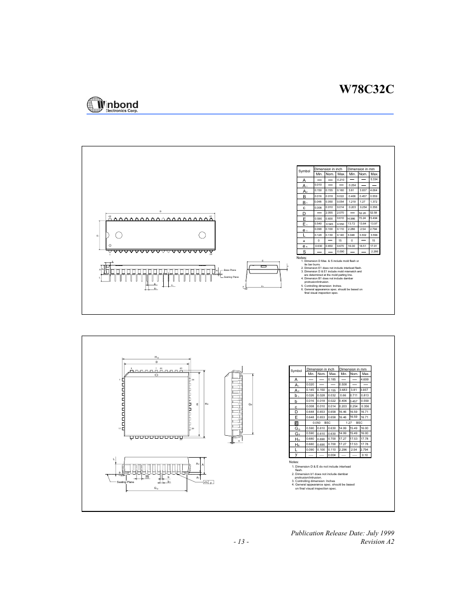 W78c32c, Package dimensions, Pin dip | Pin plcc | Rainbow Electronics W78C32C User Manual | Page 13 / 14