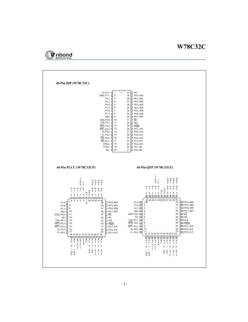 W78c32c, Pin configurations, Pin dip (w78c32c) | Rainbow Electronics W78C32C User Manual | Page 2 / 14
