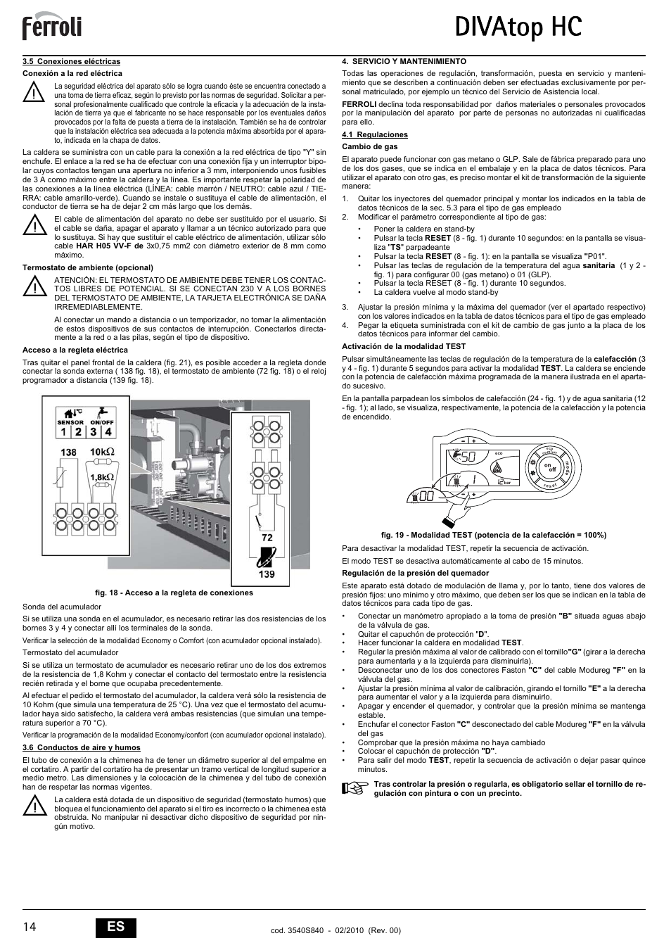 Divatop hc, 14 es | FERROLI Divatop H C User Manual | Page 14 / 72