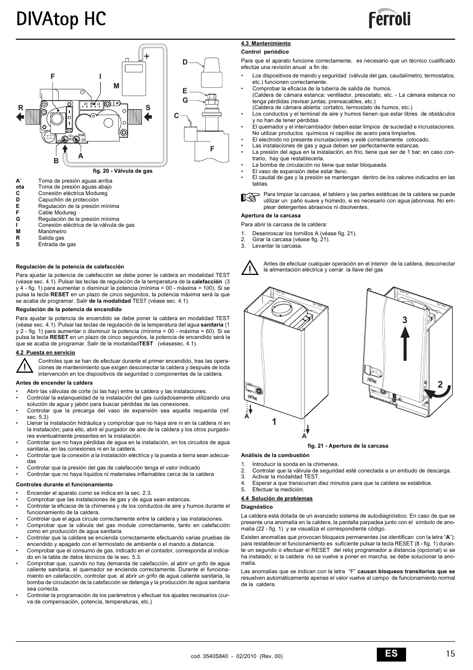 Divatop hc, 15 es | FERROLI Divatop H C User Manual | Page 15 / 72