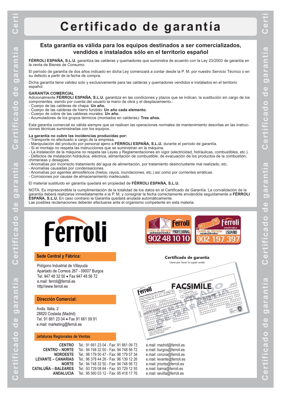 Certificado de garantía, Facsimile, Sede central y fábrica: dirección comercial | Certificado de garantia | FERROLI Divatop H C User Manual | Page 19 / 72