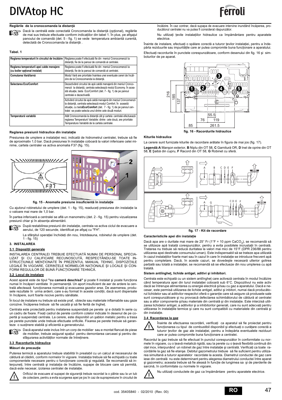 Divatop hc, 47 ro | FERROLI Divatop H C User Manual | Page 47 / 72