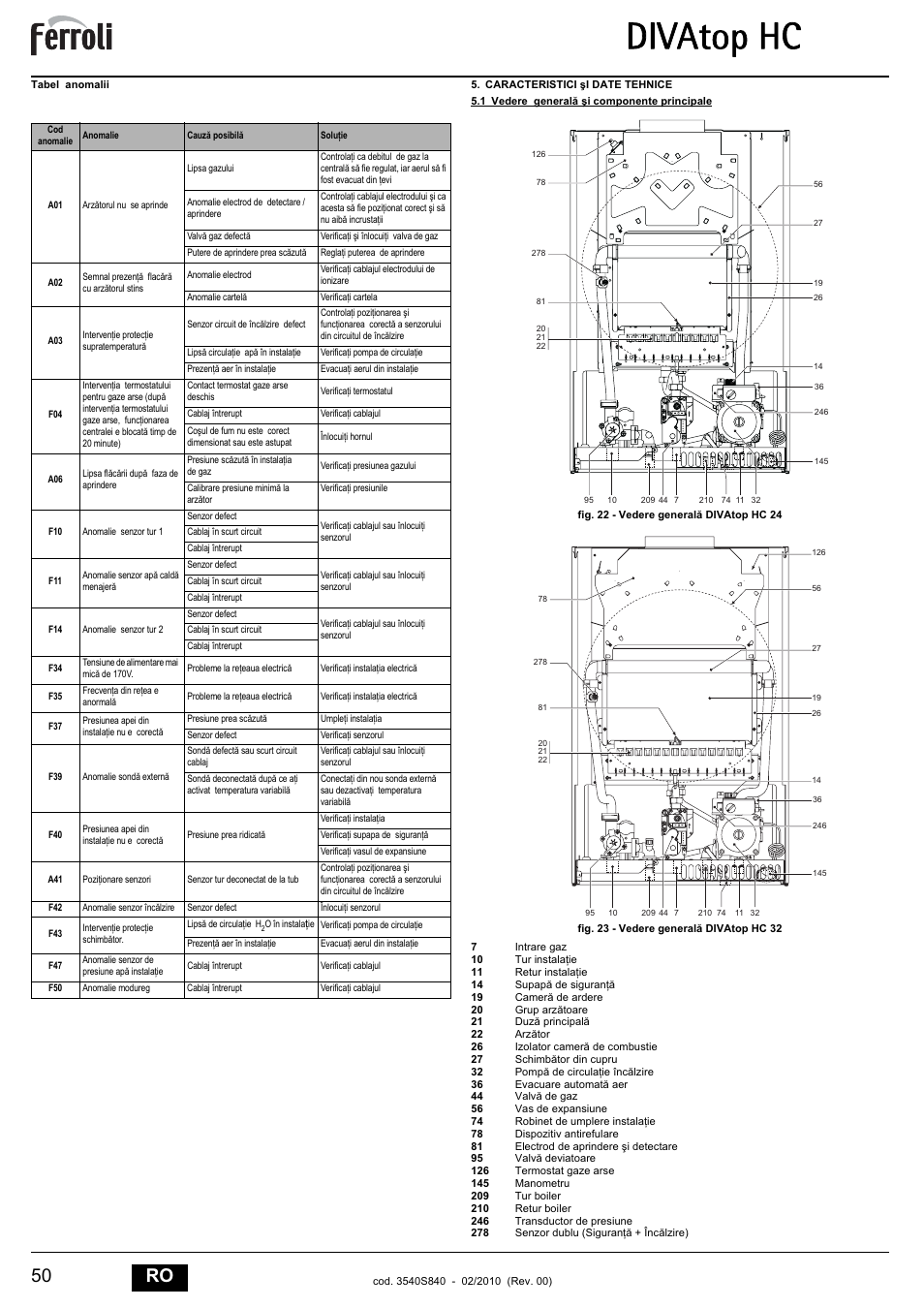 Divatop hc, 50 ro | FERROLI Divatop H C User Manual | Page 50 / 72