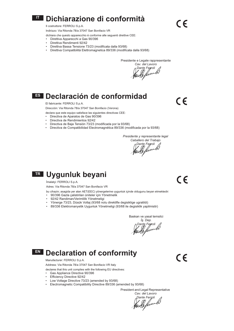 Declaración de conformidad, Dichiarazione di conformità, Uygunluk beyani | Declaration of conformity | FERROLI Divatop H C User Manual | Page 69 / 72