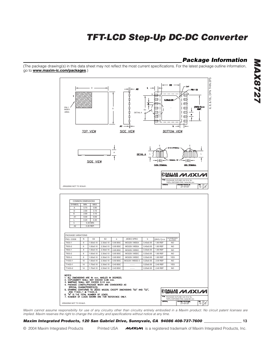 Max8727 tft-lcd step-up dc-dc converter, Package information | Rainbow Electronics MAX8727 User Manual | Page 13 / 13