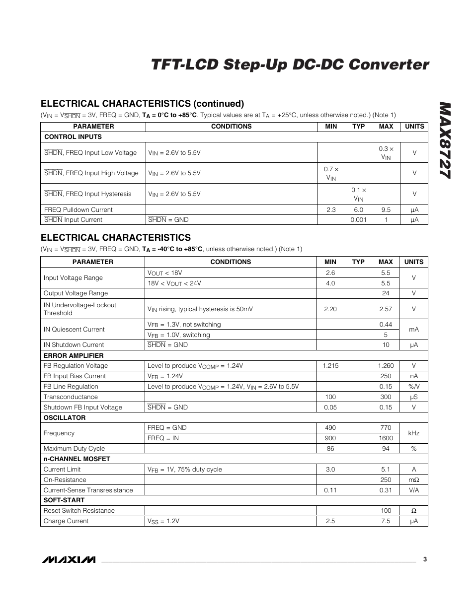 Max8727 tft-lcd step-up dc-dc converter, Electrical characteristics (continued), Electrical characteristics | Rainbow Electronics MAX8727 User Manual | Page 3 / 13