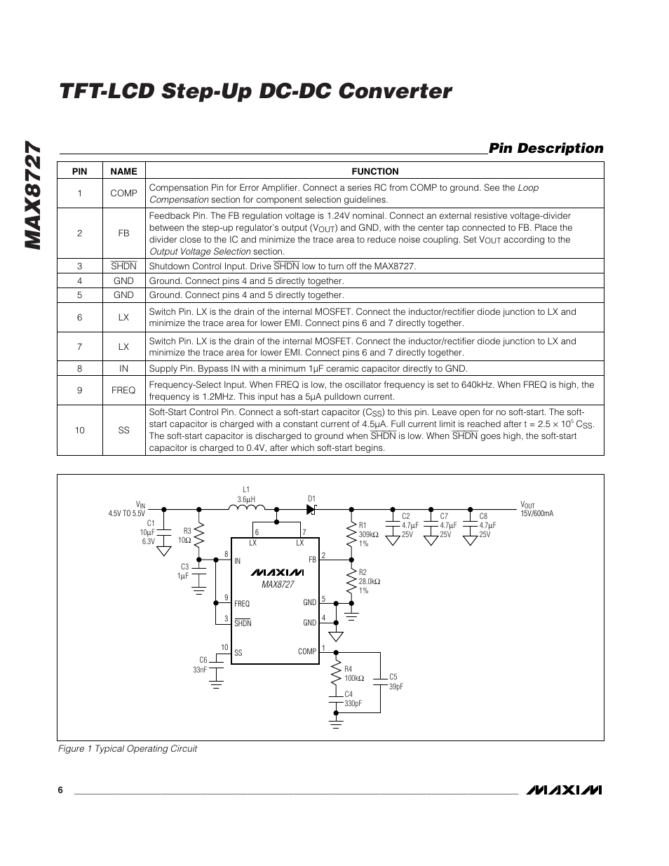 Max8727 tft-lcd step-up dc-dc converter, Pin description | Rainbow Electronics MAX8727 User Manual | Page 6 / 13