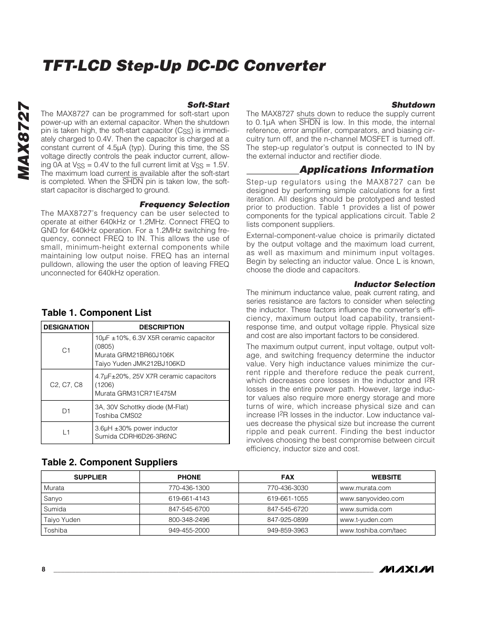 Max8727, Tft-lcd step-up dc-dc converter, Applications information | Table 1. component list, Table 2. component suppliers | Rainbow Electronics MAX8727 User Manual | Page 8 / 13