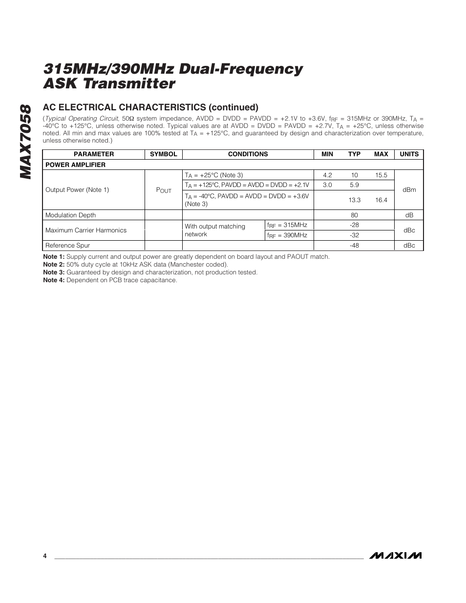 Ac electrical characteristics (continued) | Rainbow Electronics MAX7058 User Manual | Page 4 / 14