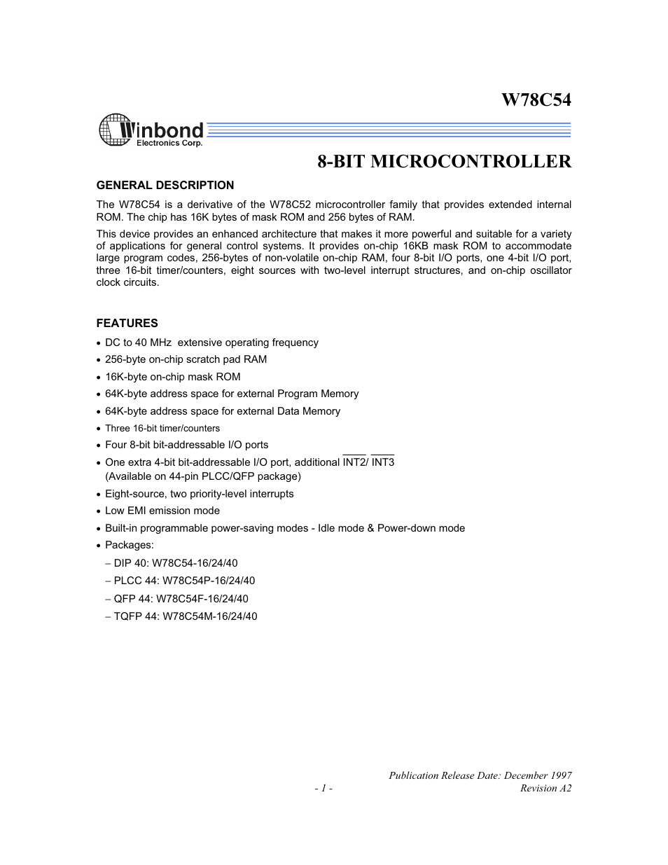 Rainbow Electronics W78C54 User Manual | 16 pages