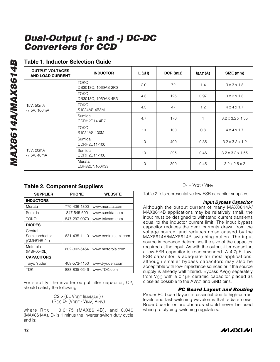 Table 1. inductor selection guide, Table 2. component suppliers | Rainbow Electronics MAX8614B User Manual | Page 12 / 15