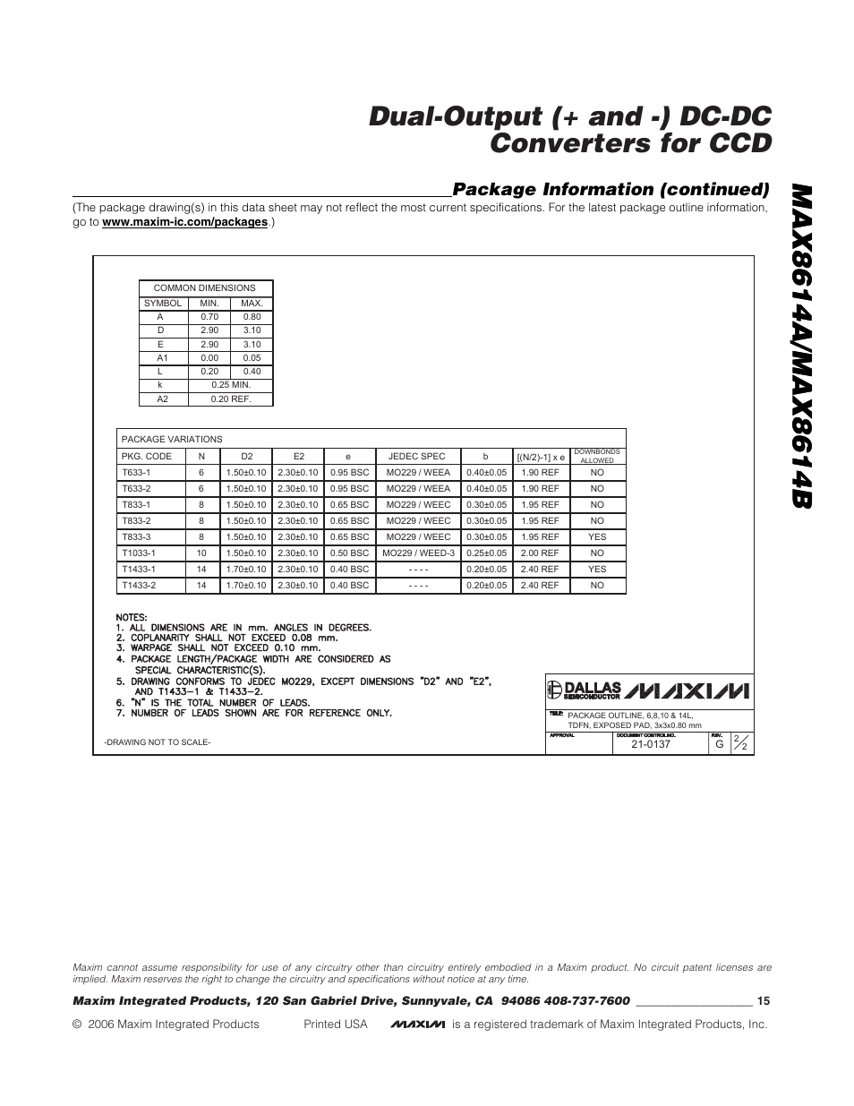 Package information (continued) | Rainbow Electronics MAX8614B User Manual | Page 15 / 15