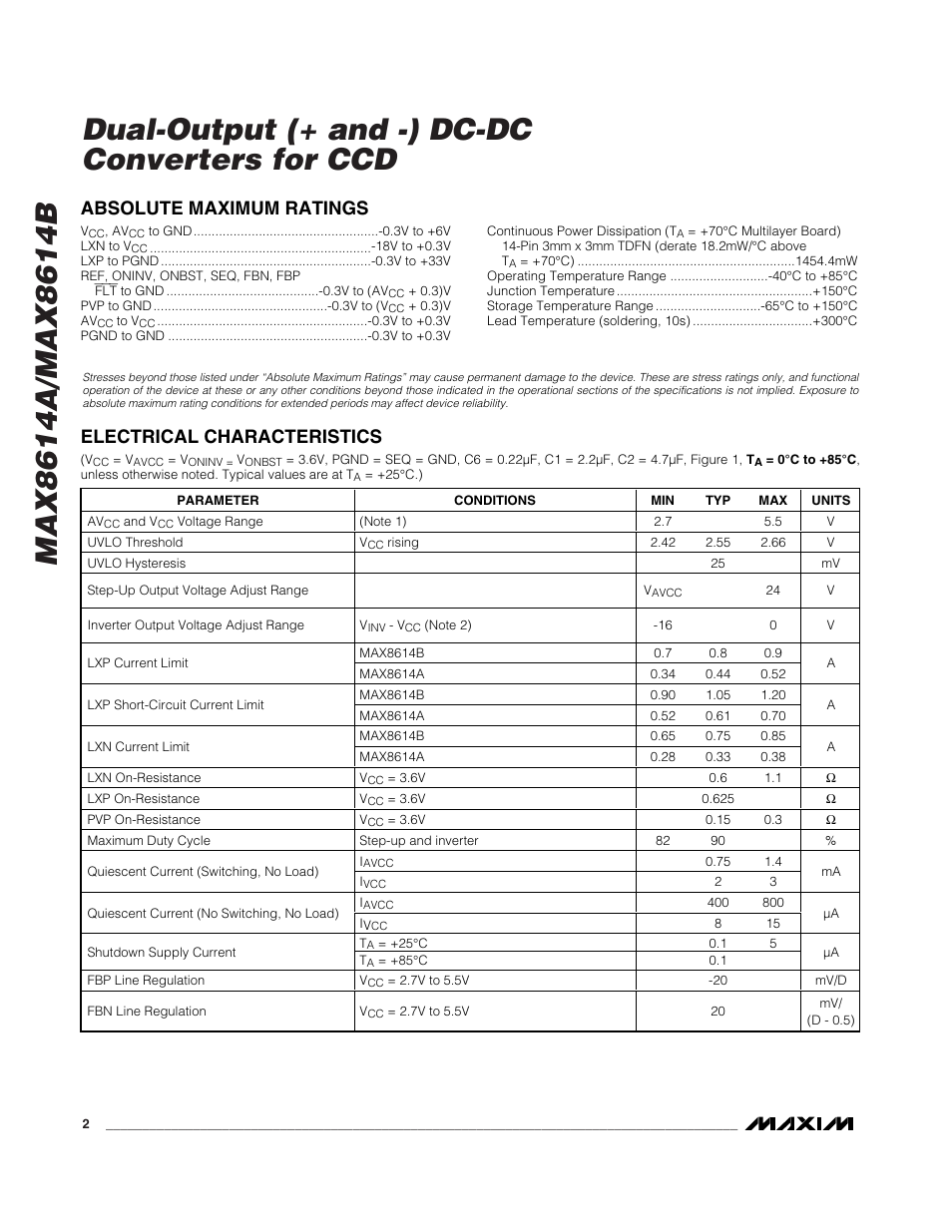 Absolute maximum ratings, Electrical characteristics | Rainbow Electronics MAX8614B User Manual | Page 2 / 15