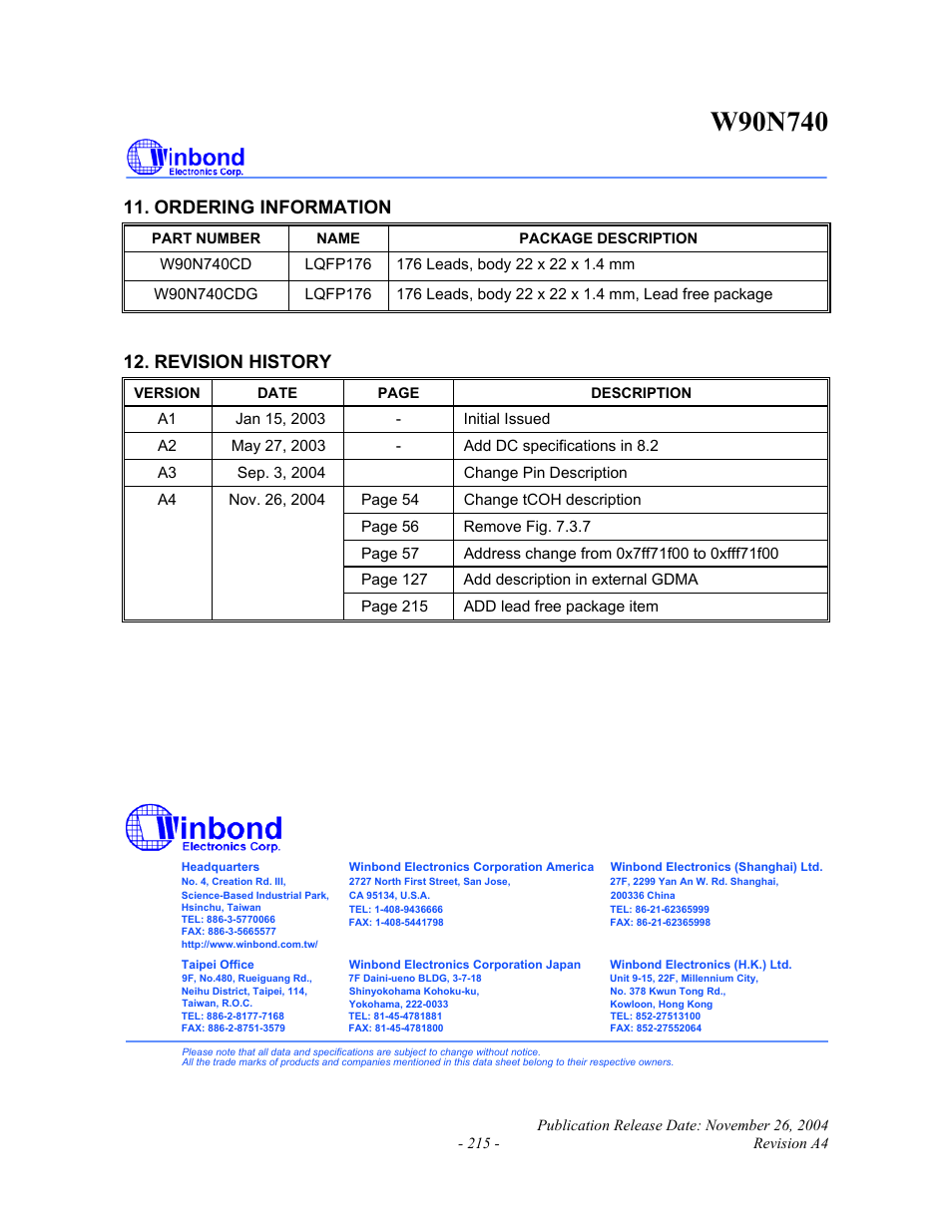 Ordering information, Revision history | Rainbow Electronics W90N740 User Manual | Page 219 / 219