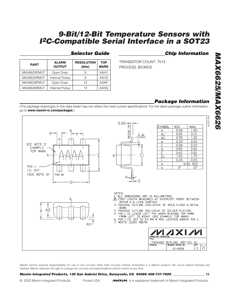 Bit/12-bit temperature sensors with i, Chip information, Selector guide | Package information | Rainbow Electronics MAX6626 User Manual | Page 13 / 13