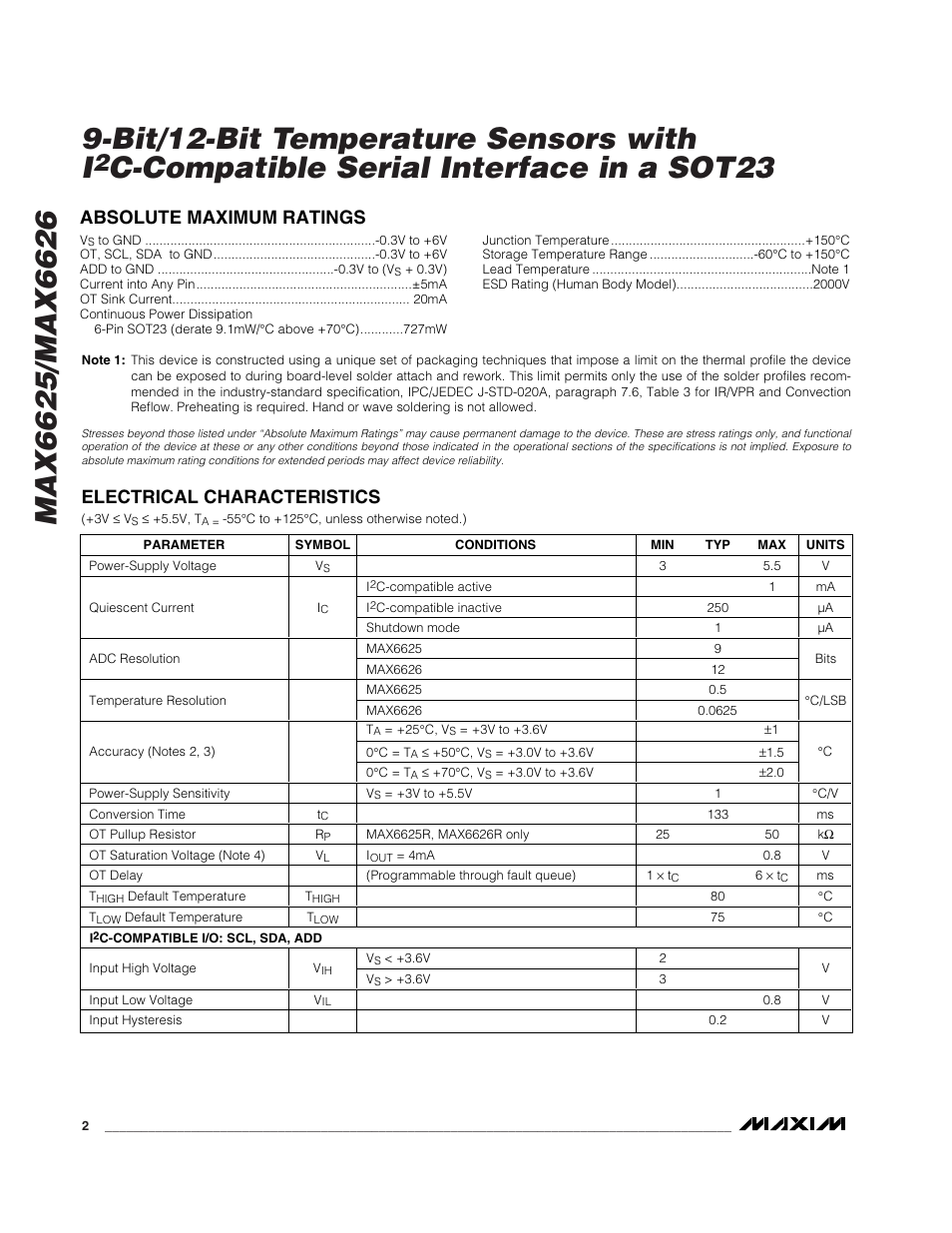 C-compatible serial interface in a sot23 | Rainbow Electronics MAX6626 User Manual | Page 2 / 13