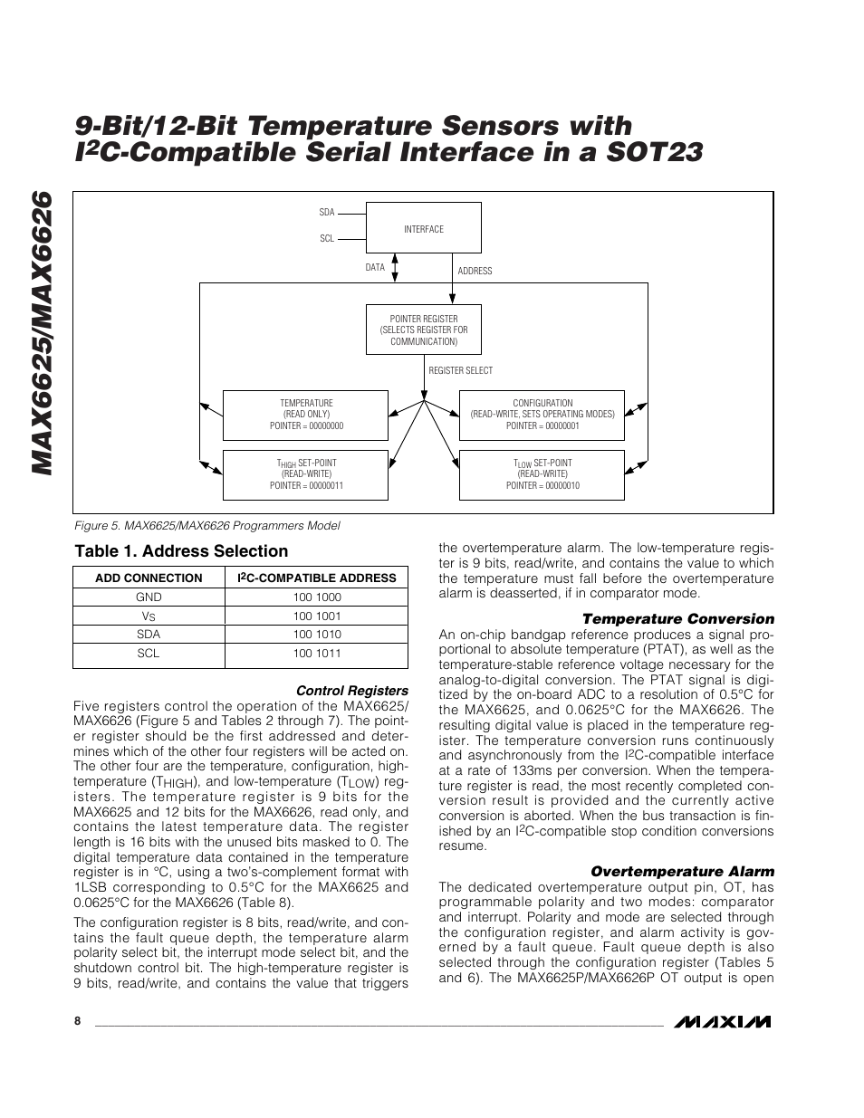 C-compatible serial interface in a sot23, Table 1. address selection | Rainbow Electronics MAX6626 User Manual | Page 8 / 13