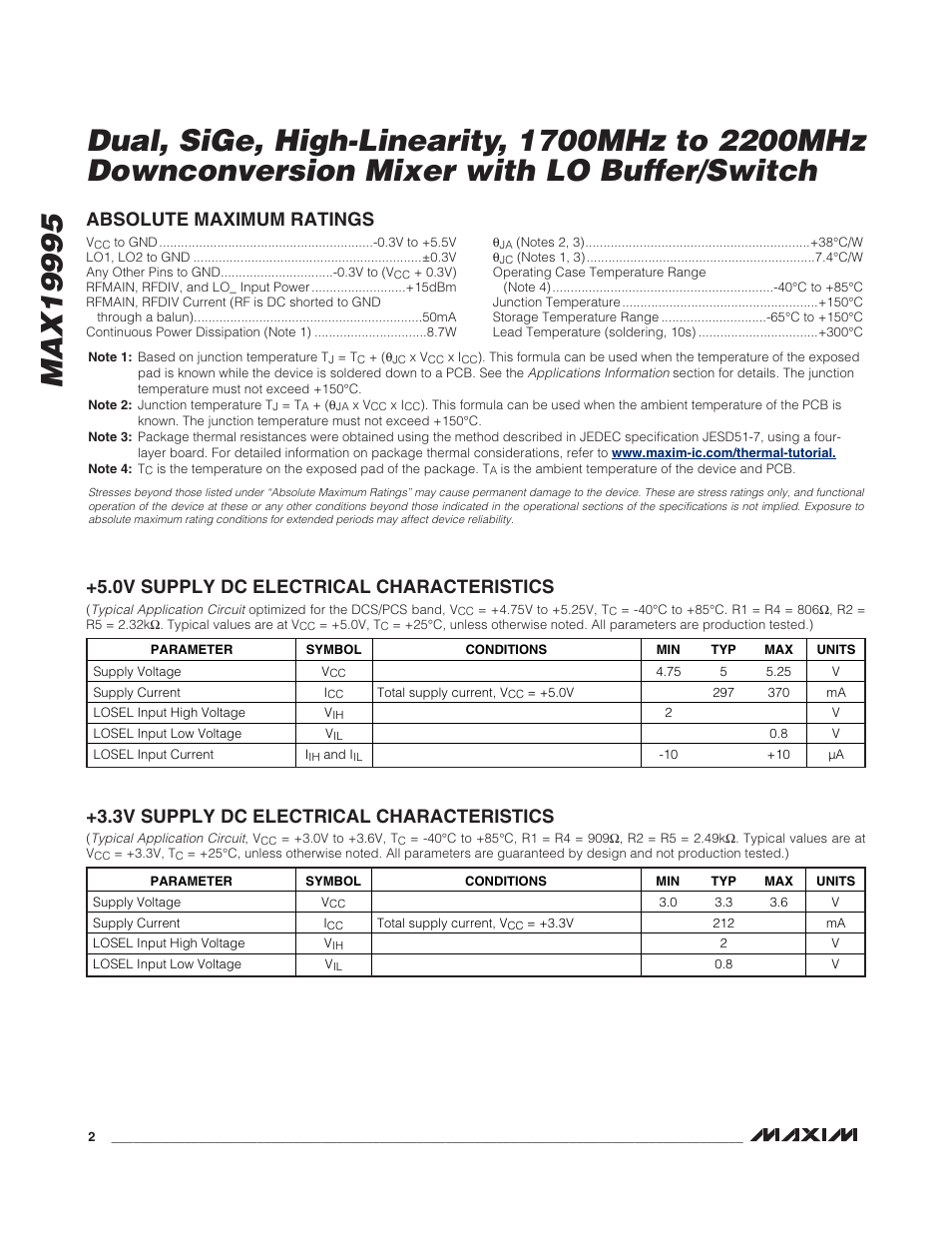 3v supply dc electrical characteristics | Rainbow Electronics MAX19995 User Manual | Page 2 / 29