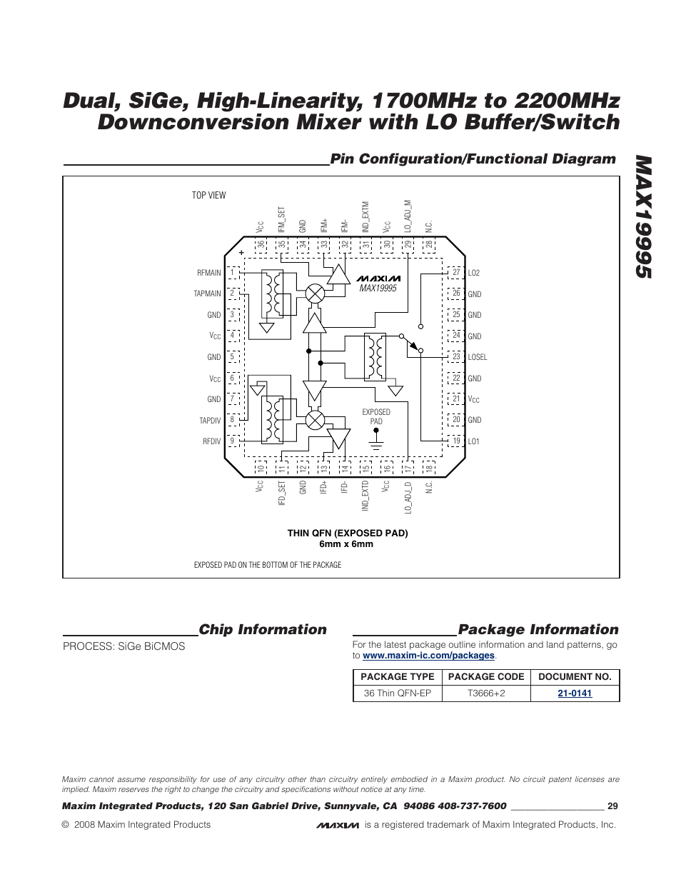 Pin configuration/functional diagram, Chip information, Package information | Rainbow Electronics MAX19995 User Manual | Page 29 / 29