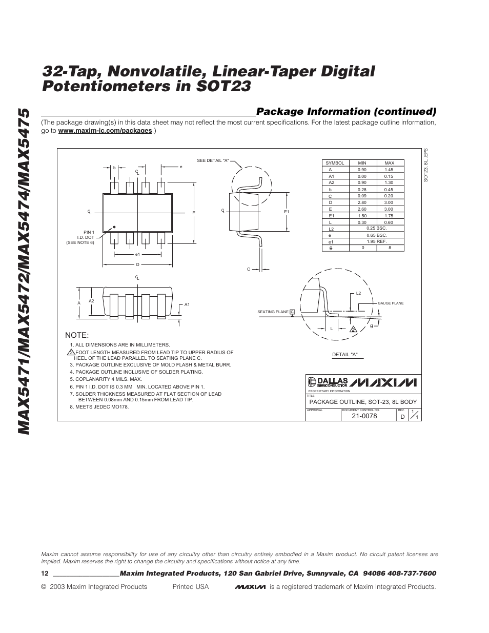 Package information (continued) | Rainbow Electronics MAX5475 User Manual | Page 12 / 12