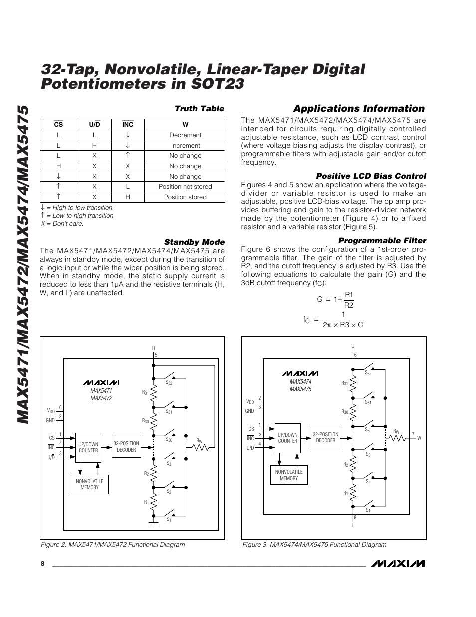 Applications information, Standby mode, Positive lcd bias control | Programmable filter, Truth table | Rainbow Electronics MAX5475 User Manual | Page 8 / 12