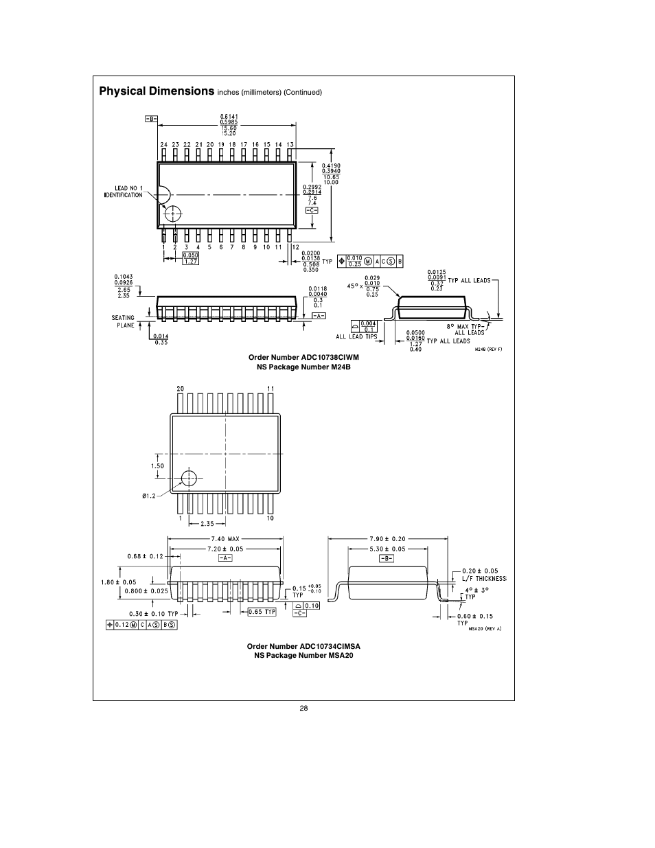 Physical dimensions | Rainbow Electronics ADC10738 User Manual | Page 28 / 30