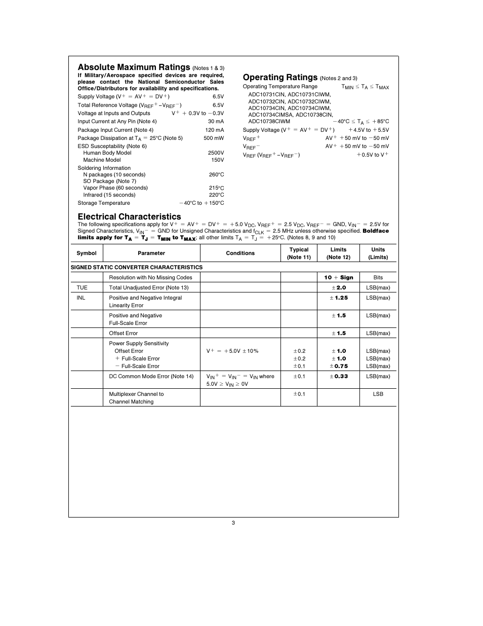 Absolute maximum ratings, Operating ratings, Electrical characteristics | Rainbow Electronics ADC10738 User Manual | Page 3 / 30