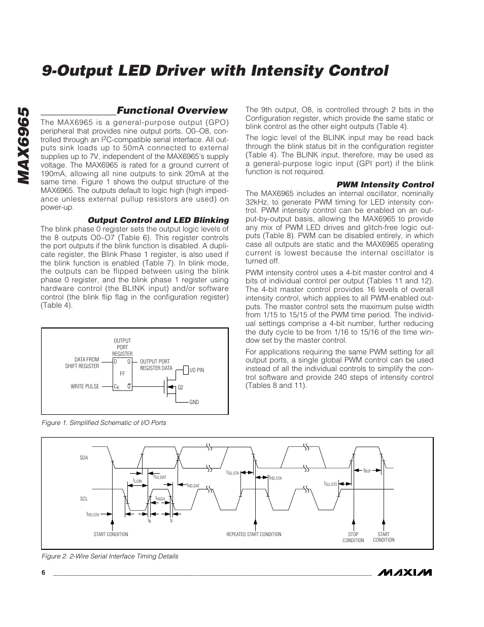 Max6965, Output led driver with intensity control, Functional overview | Output control and led blinking, Pwm intensity control | Rainbow Electronics MAX6965 User Manual | Page 6 / 23