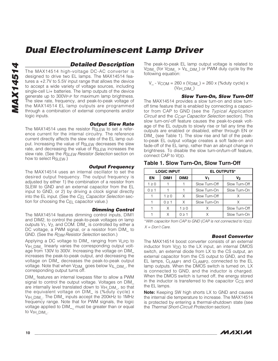 Dual electroluminescent lamp driver, Detailed description, Table 1. slow turn-on, slow turn-off | Rainbow Electronics MAX14514 User Manual | Page 10 / 14