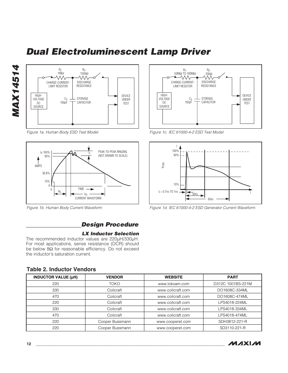 Dual electroluminescent lamp driver, Design procedure, Table 2. inductor vendors | Lx inductor selection | Rainbow Electronics MAX14514 User Manual | Page 12 / 14