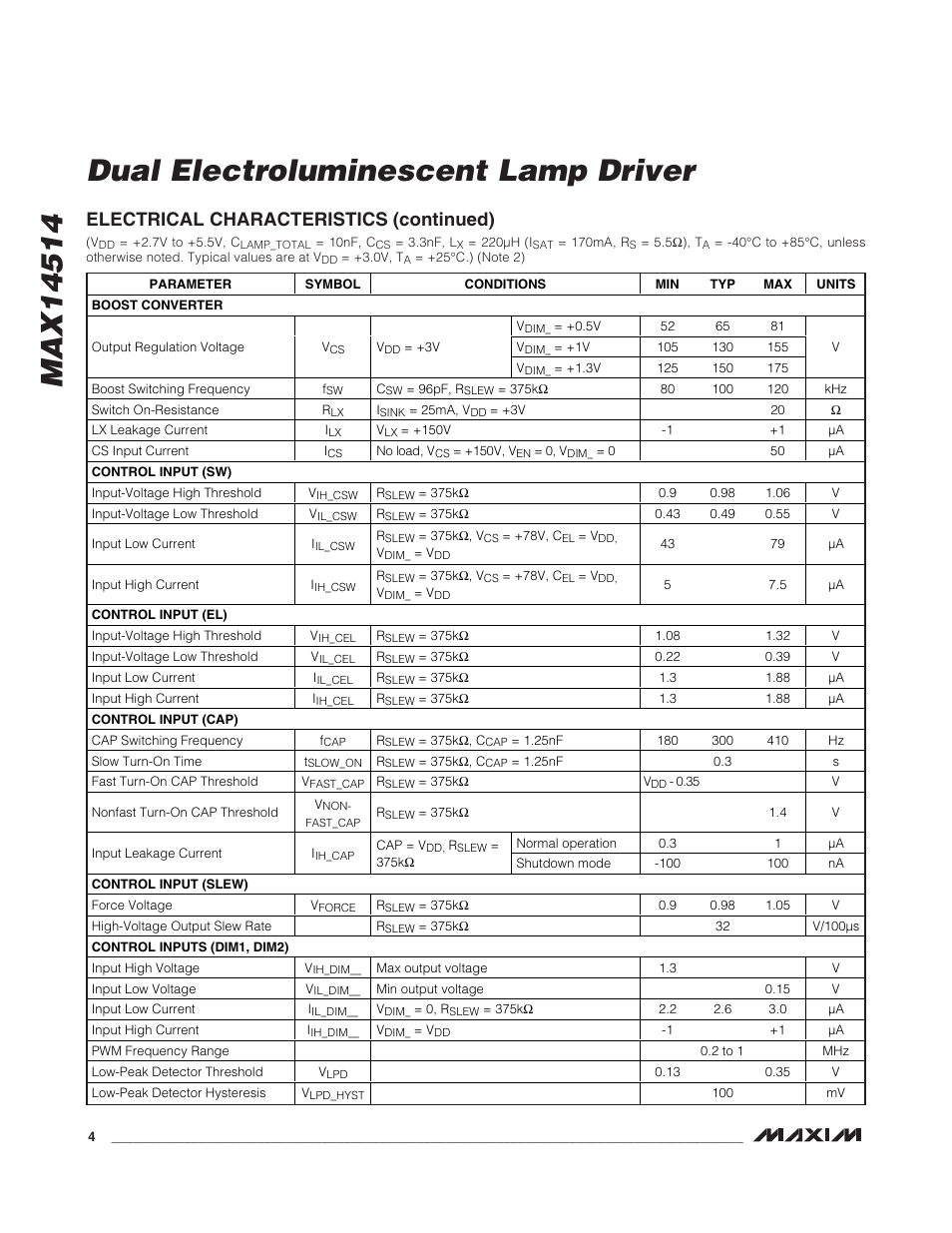 Electrical characteristics (continued) | Rainbow Electronics MAX14514 User Manual | Page 4 / 14