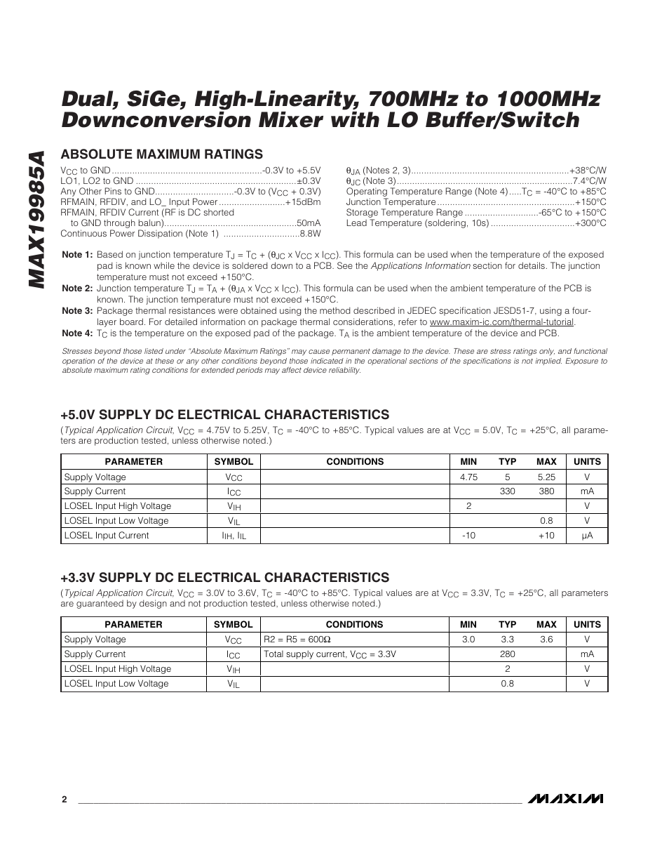 0v supply dc electrical characteristics | Rainbow Electronics MAX19985A User Manual | Page 2 / 23